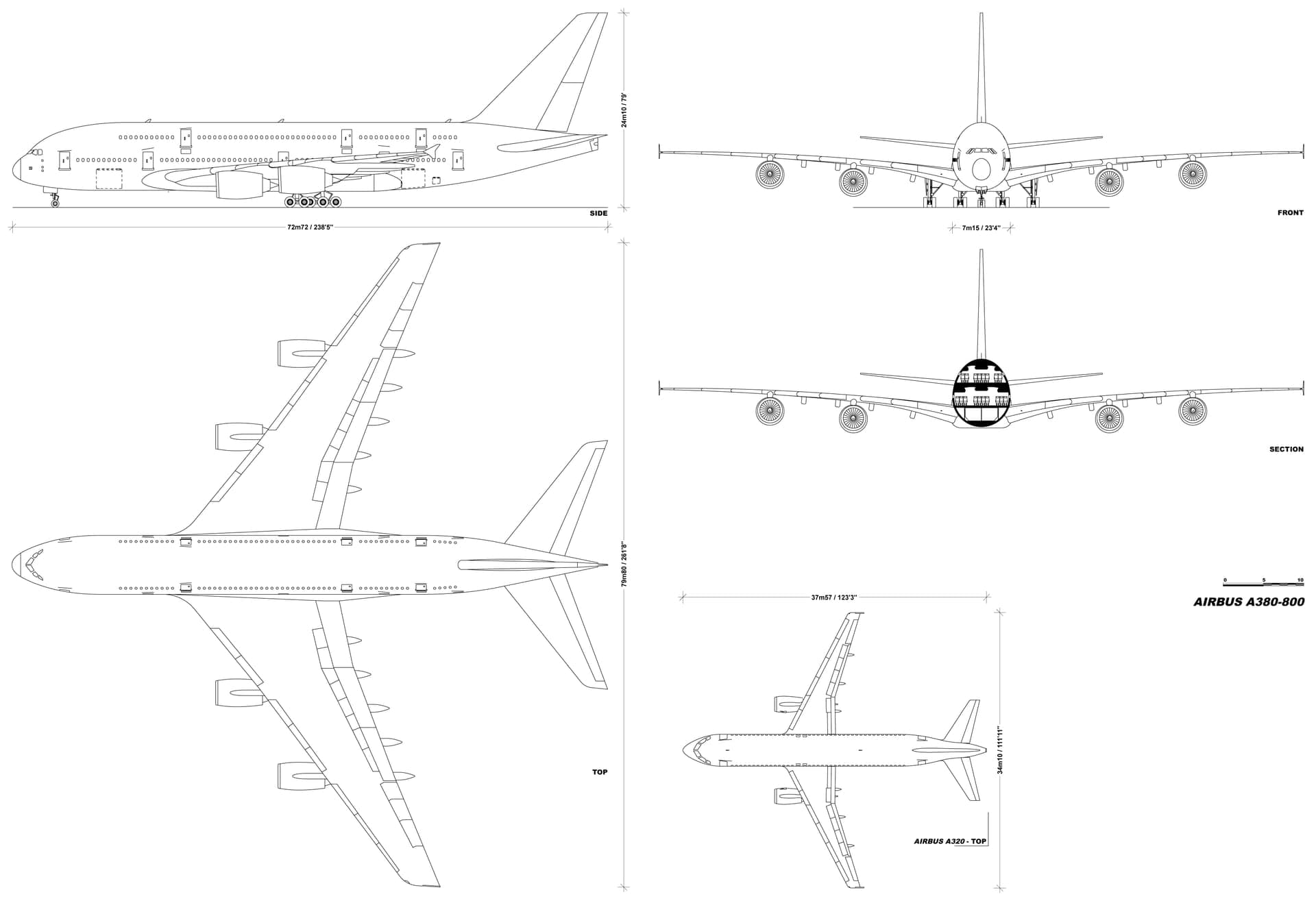 Plan trois vues de l'Airbus A380-800 : vues de côté, de face et en plan, montrant le fuselage à double pont sur toute sa longueur et les quatre moteurs sous voilure