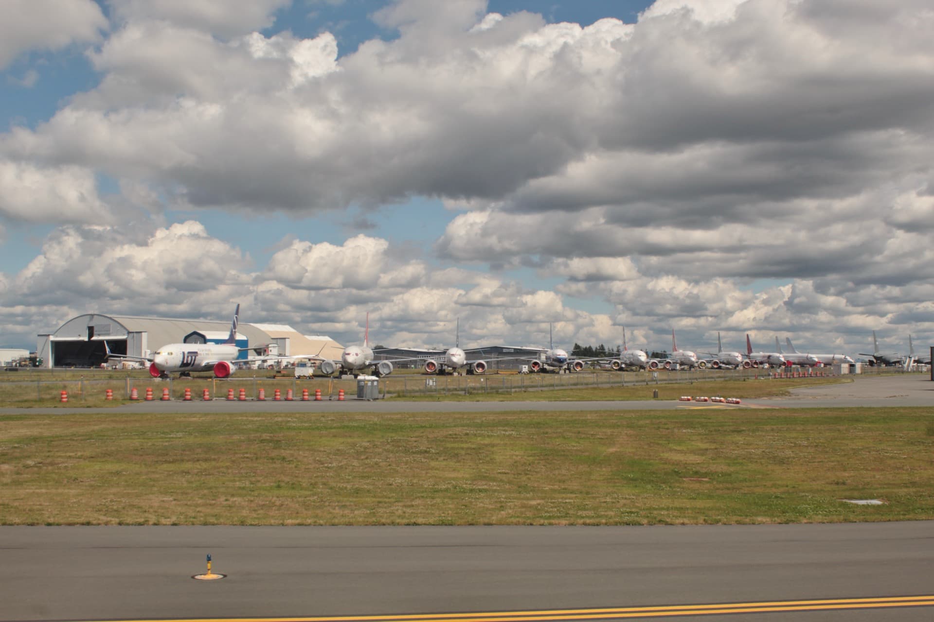 Des rangées de Boeing 737 MAX immobilisés et stockés à Paine Field en 2019, pendant l'immobilisation mondiale du type