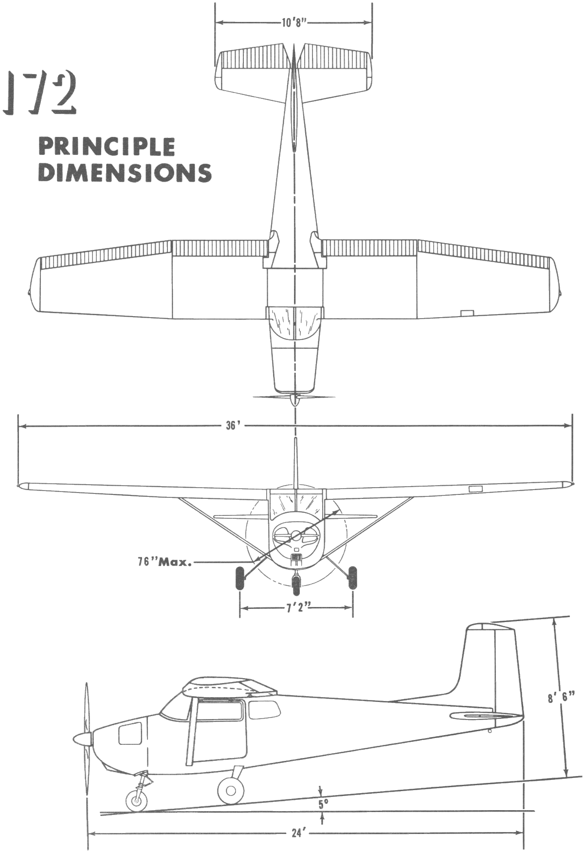 Cessna 172 three-view drawing with principal dimensions, from the 1956 owner's manual