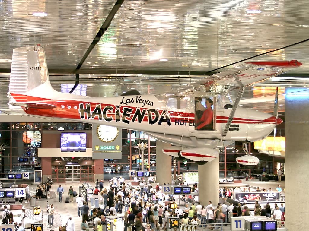 The Hacienda endurance-record Cessna 172 hanging in the Las Vegas airport terminal