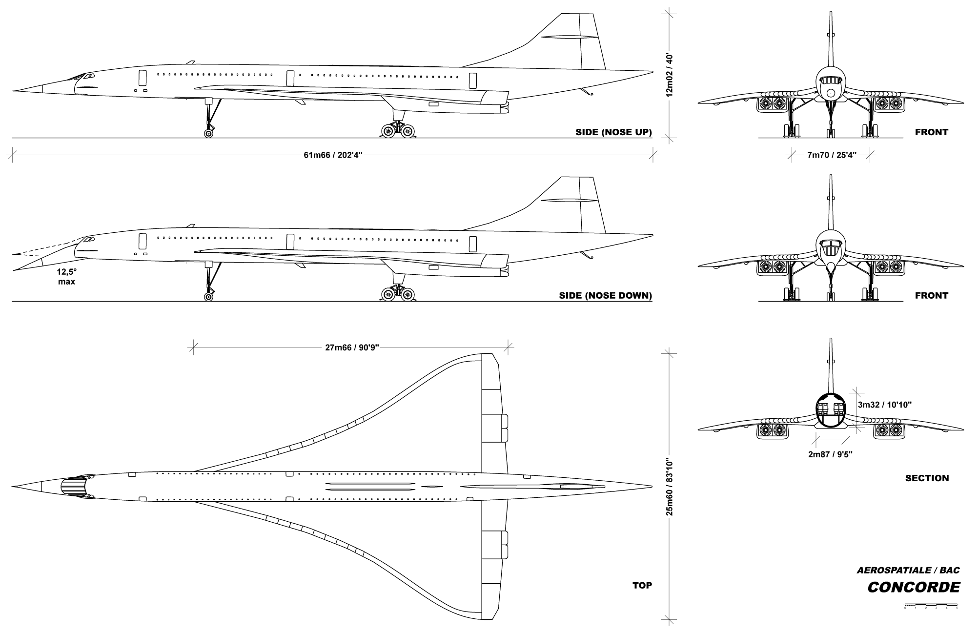 Concorde general-arrangement drawing: side views with the nose raised and drooped, front views, plan view and fuselage cross-section, with principal dimensions in metres and feet