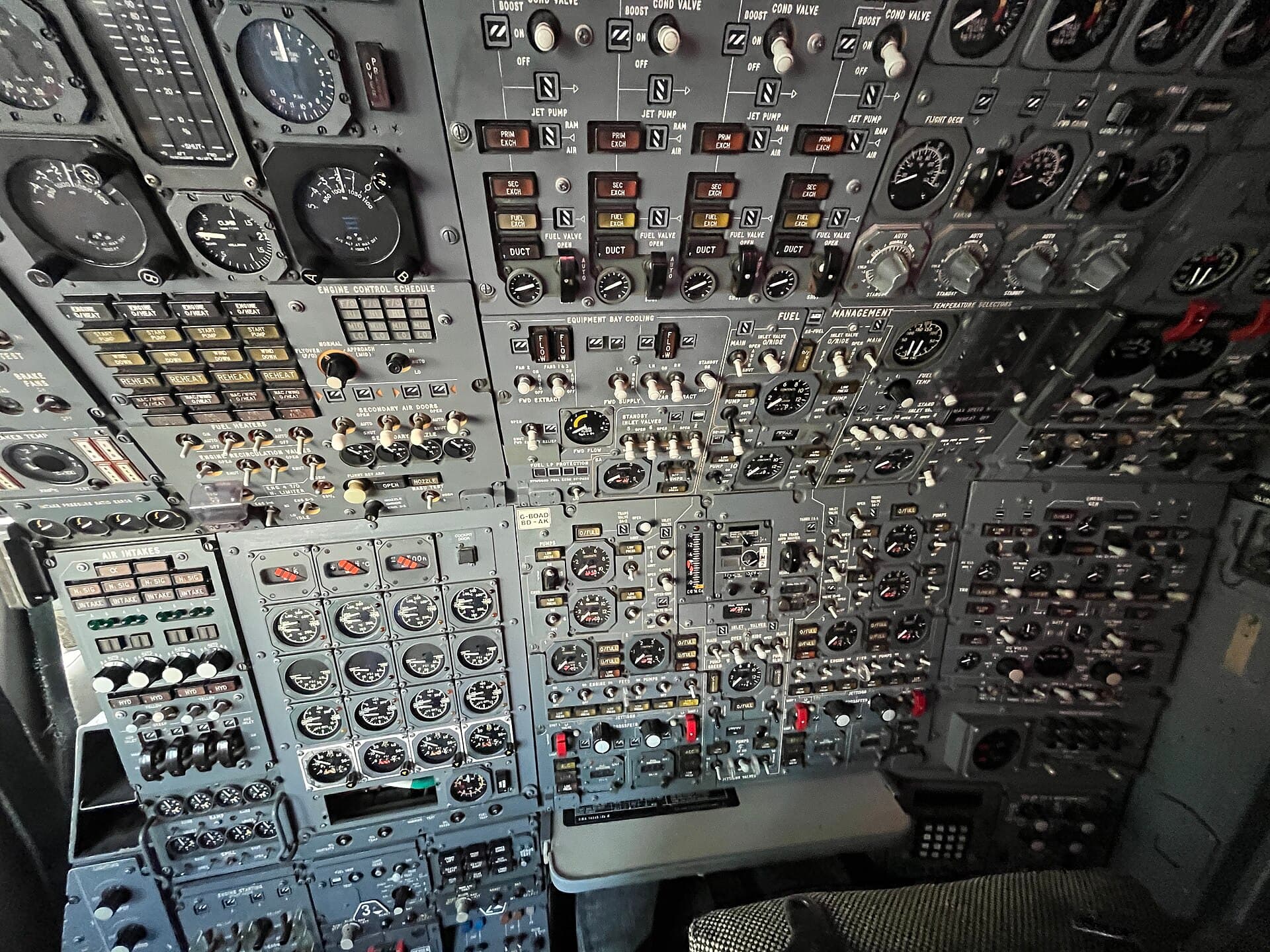 The flight engineer's station on Concorde G-BOAD, a full wall of fuel, engine, electrical and hydraulic controls