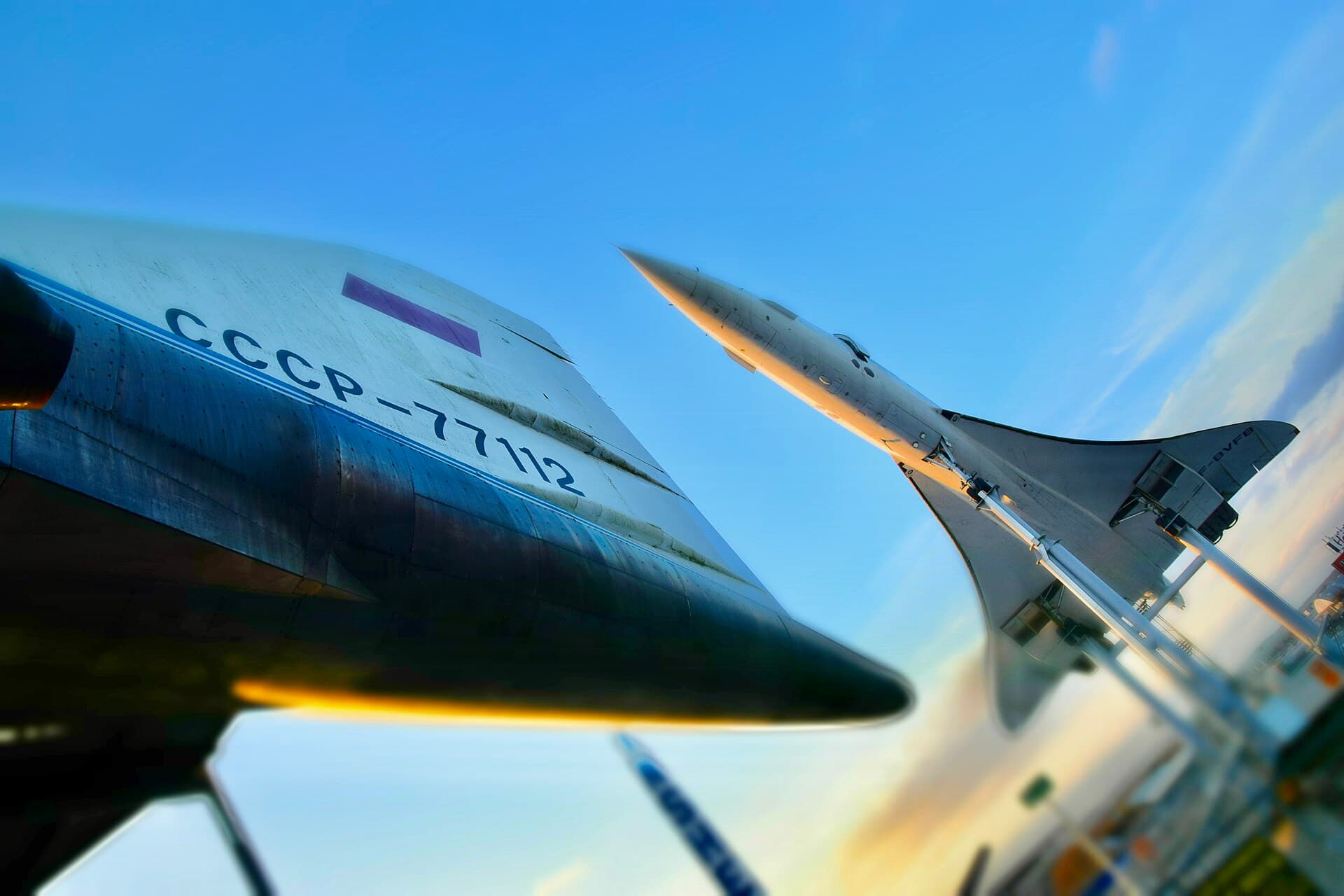 The Soviet Tupolev Tu-144 and an Air France Concorde displayed nose to nose at the Technik Museum Sinsheim, the only two supersonic airliners ever to carry passengers