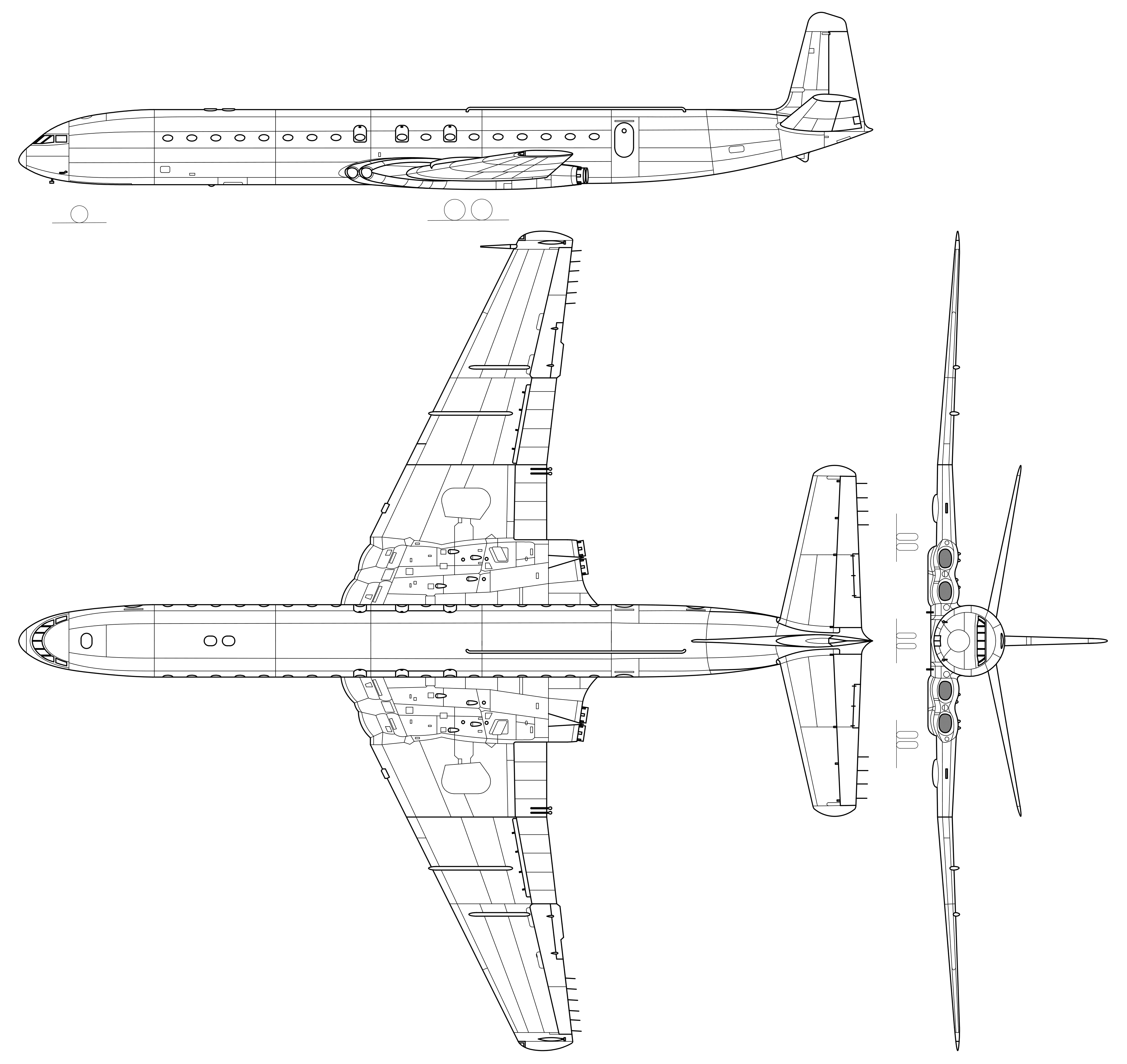 Three-view line drawing of the de Havilland Comet 4B, showing left side elevation, plan view and front elevation, with the four Avon engines buried in the wing roots, the wing-root intakes and the plan form of the wing and tail drawn in detail