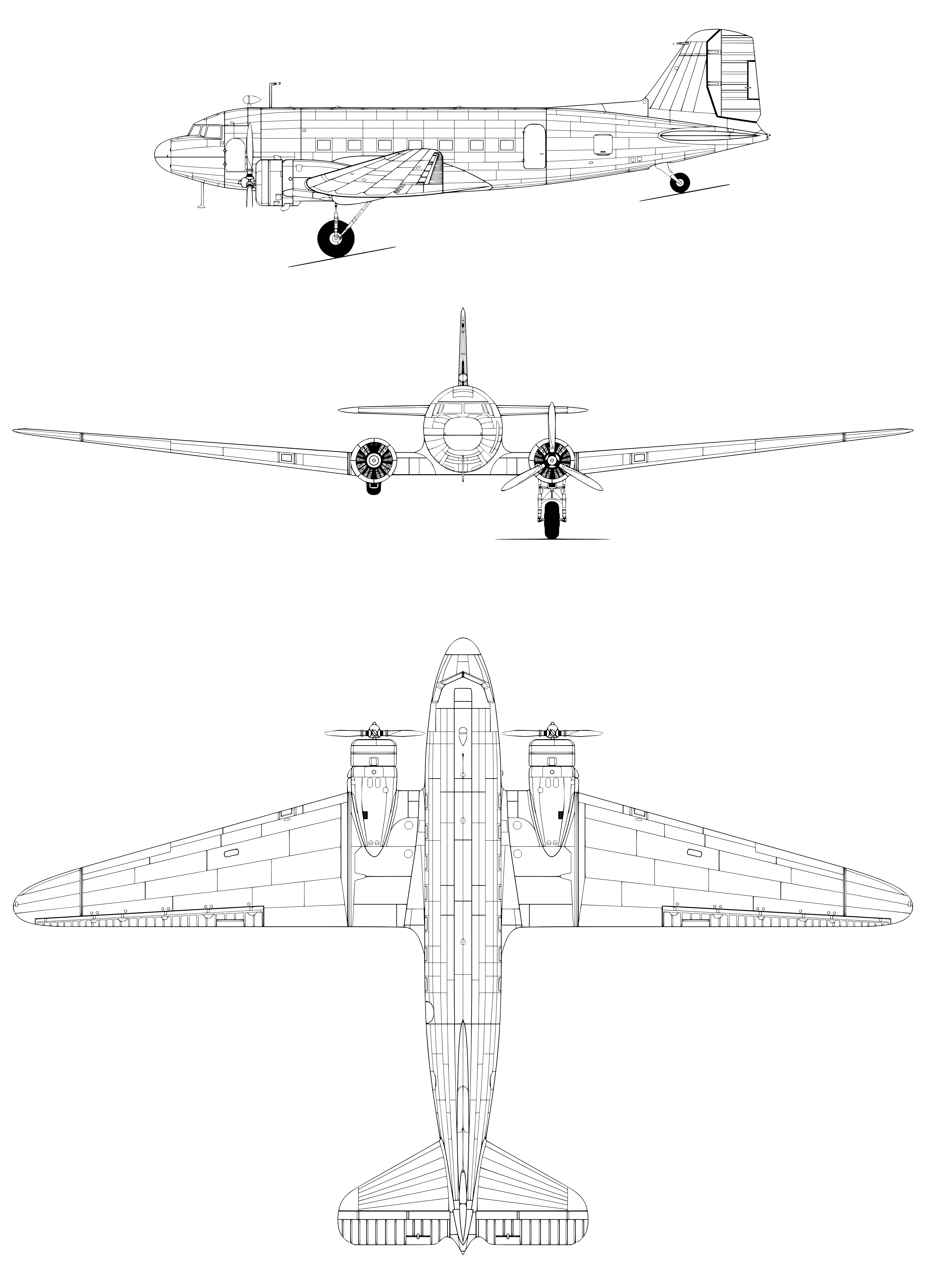 Detailed three-view line drawing of the Douglas DC-3, with left side elevation, front elevation and plan view stacked vertically, drawn with the skin panel lines, rivet lines, cabin windows, control surfaces and the Wright Cyclone cowlings and propellers