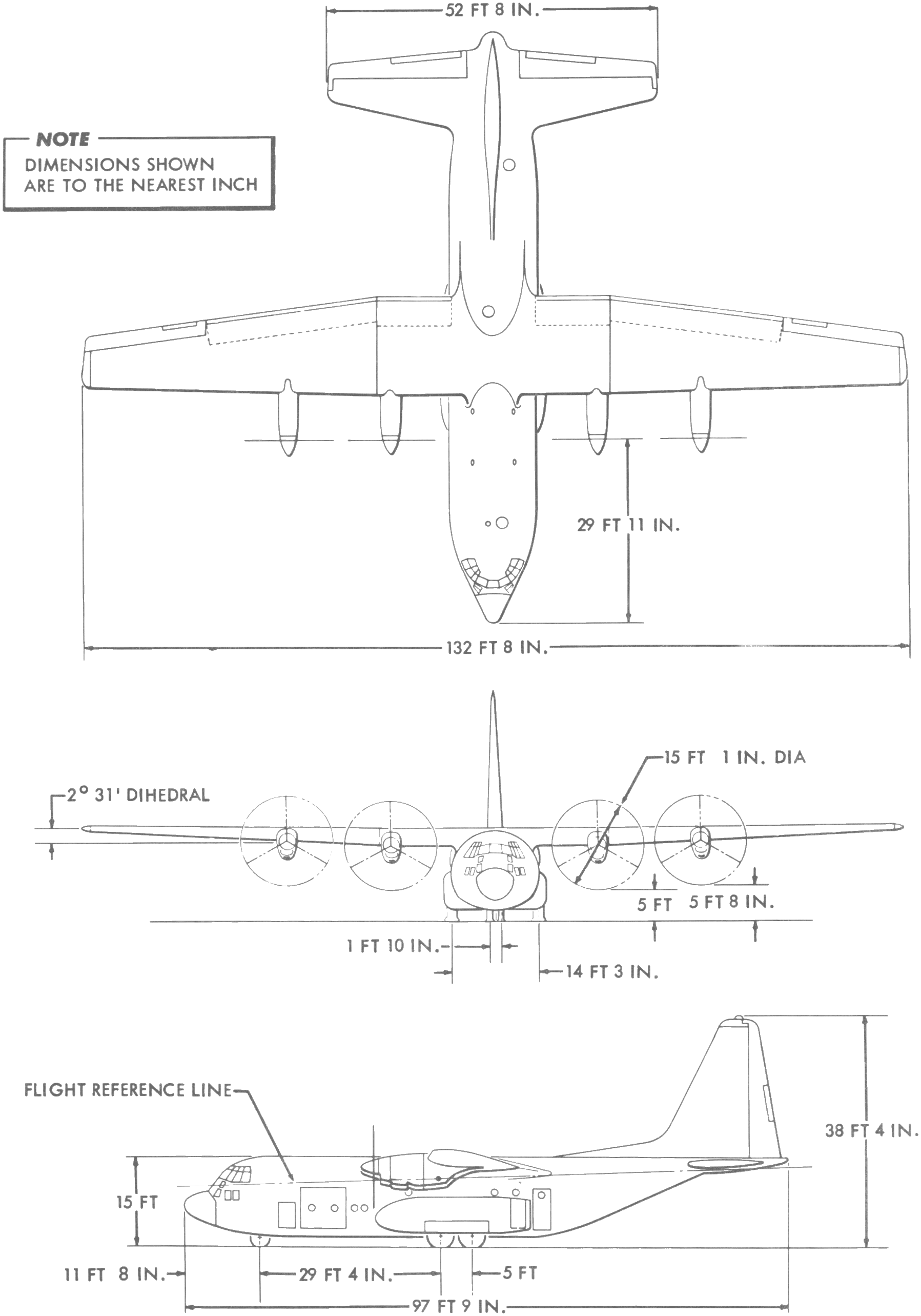 Plan d'ensemble trois vues coté du Lockheed C-130A Hercules de série, superposant vue en plan, élévation de face et élévation latérale. Cotes au pouce près : 132 pi 8 po d'envergure, 97 pi 9 po de longueur, 38 pi 4 po de hauteur de dérive, 29 pi 11 po d'envergure d'empennage, 15 pi 1 po de diamètre d'hélice, 2 degrés 31 minutes de dièdre, avec la ligne de référence de vol et la ligne de sol tracées et les positions des trains principal et avant cotées le long du fuselage.