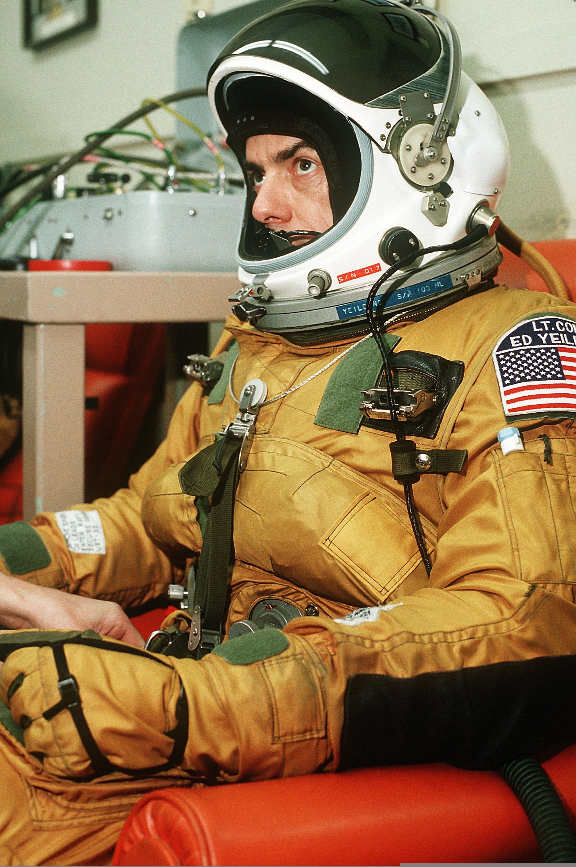 Lieutenant Colonel Raymond E. Yeilding seated in his full pressure suit before his record-setting final SR-71 flight to Washington in 1990
