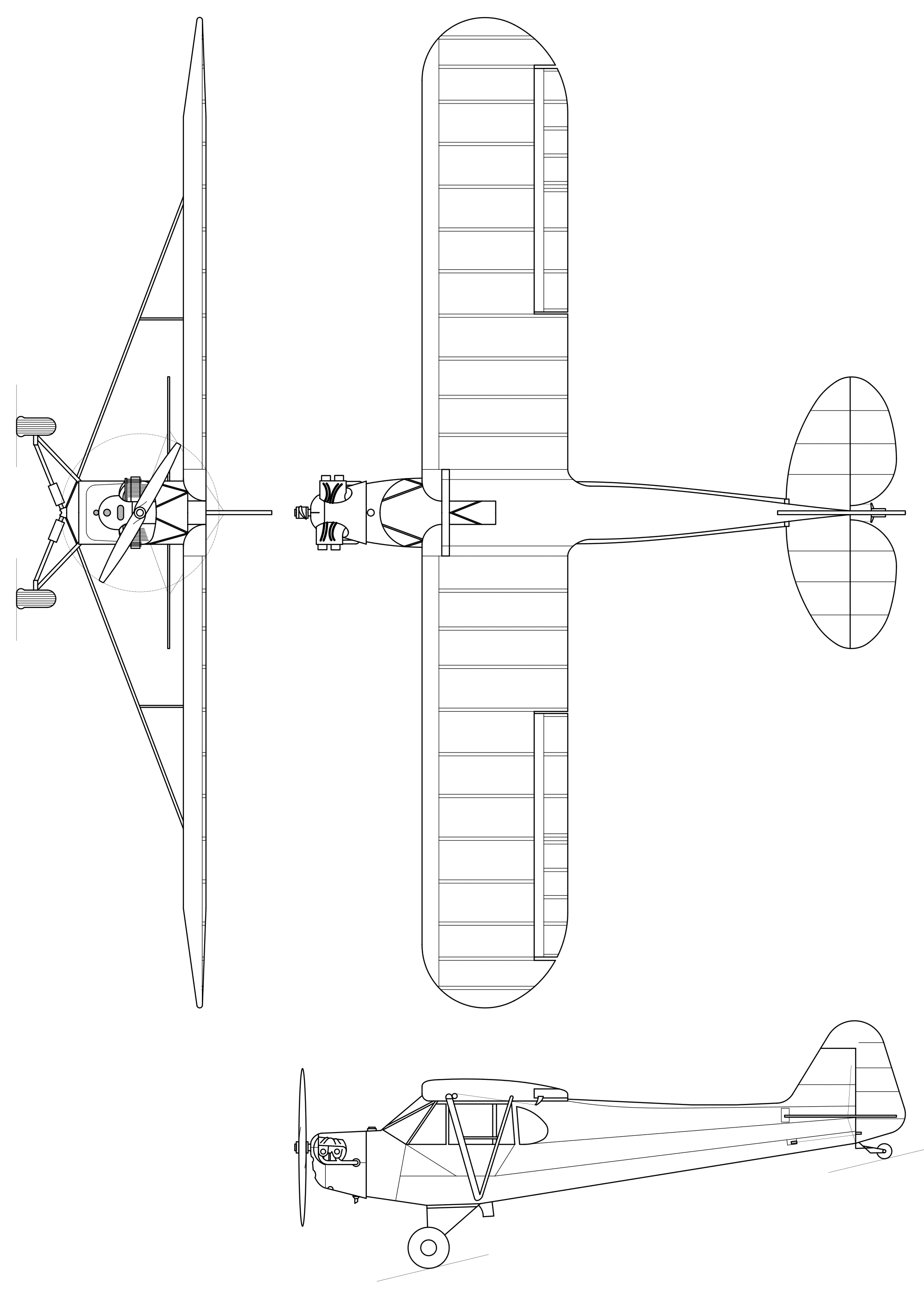 Dessin d’ensemble en trois vues du Piper J-3 Cub : élévation latérale, élévation frontale et vue en plan, montrant l’aile haute haubanée, le poste en tandem et le train classique à roulette de queue.