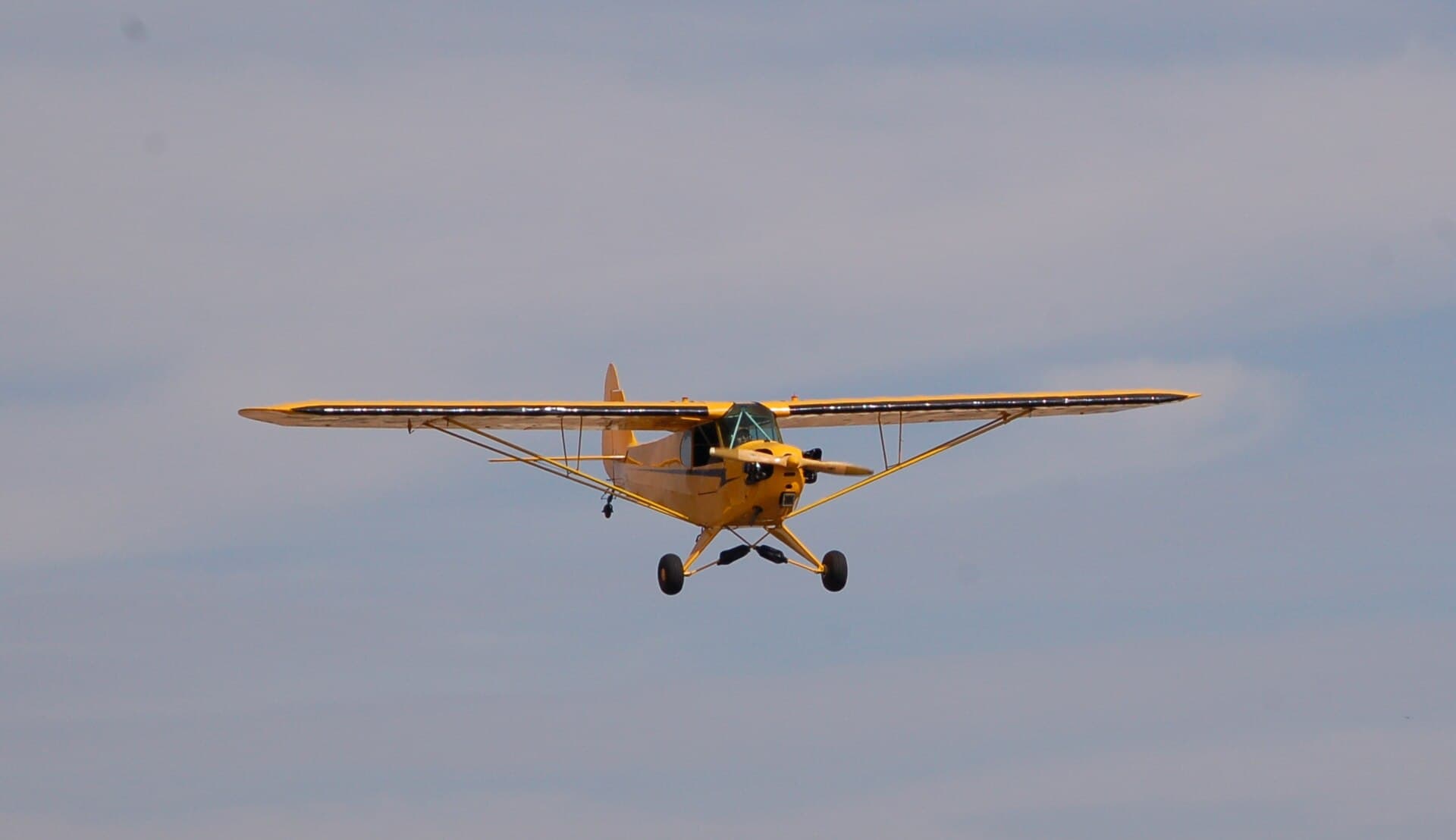 Un Piper J-3 Cub jaune en vol sous un ciel couvert