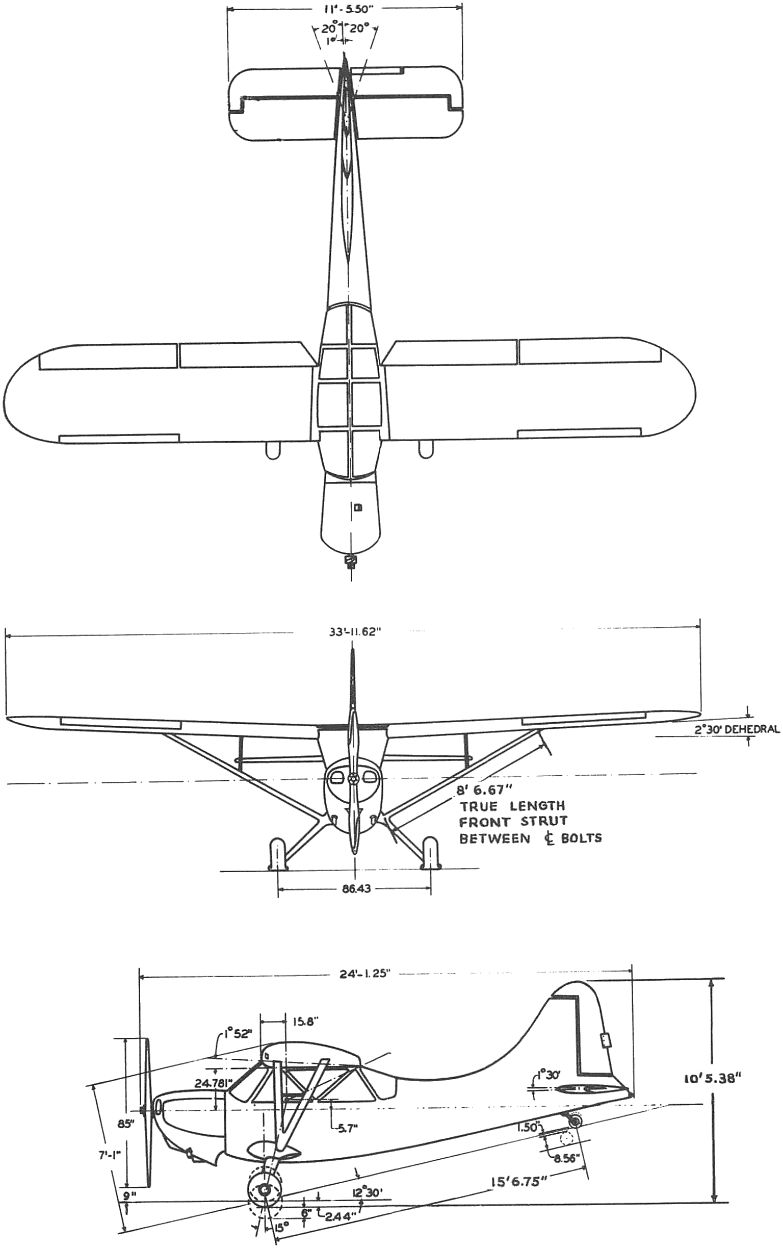 Dimensioned three-view general-arrangement drawing of the Stinson L-5 Sentinel, stacked plan, front elevation and side elevation. Dimensions are in feet and inches: 33 ft 11.62 in span, 24 ft 1.25 in length, 10 ft 5.38 in height, 86.43 in undercarriage track, 2 degrees 30 minutes of dihedral, an 8 ft 6.67 in front lift strut between bolt centres, and the tailplane span at 11 ft 5.50 in. The side view shows the braced high wing, the fabric-covered fuselage framing round the glazed cabin and the tailwheel ground line.