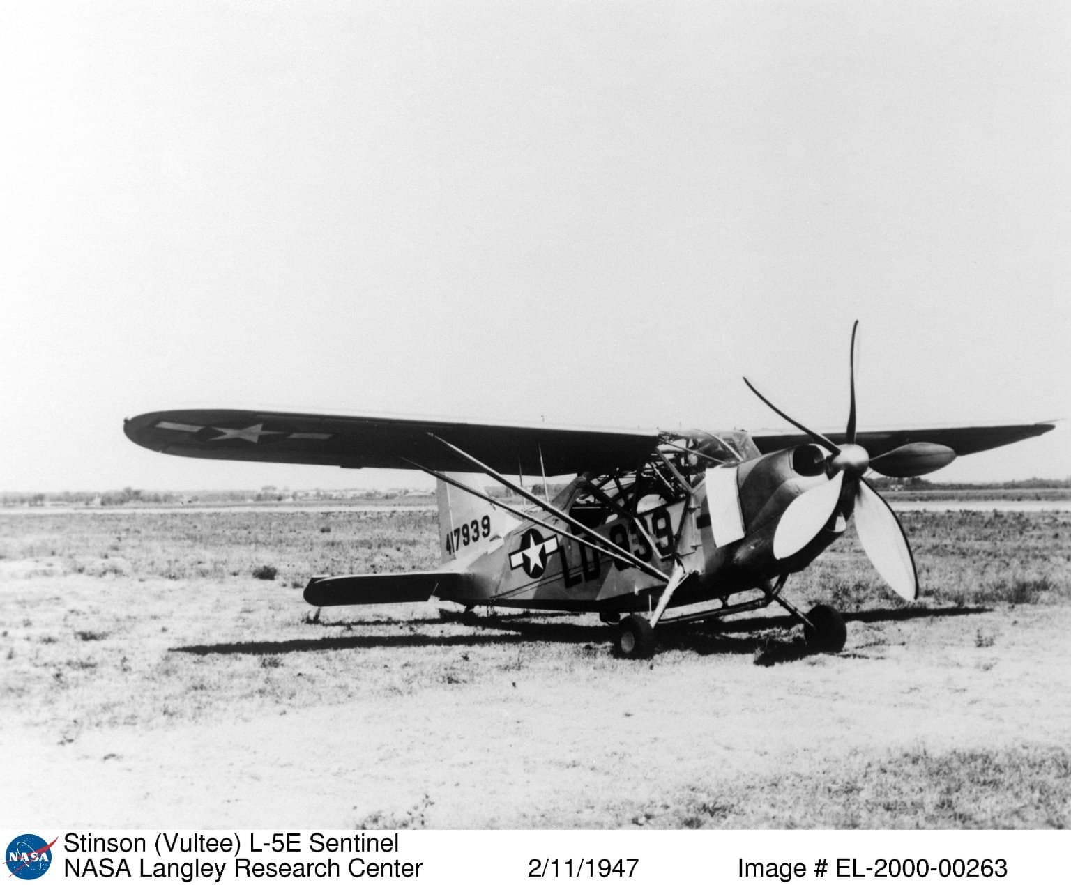 A Stinson L-5E Sentinel used by NACA to test its drooping-aileron low-speed handling
