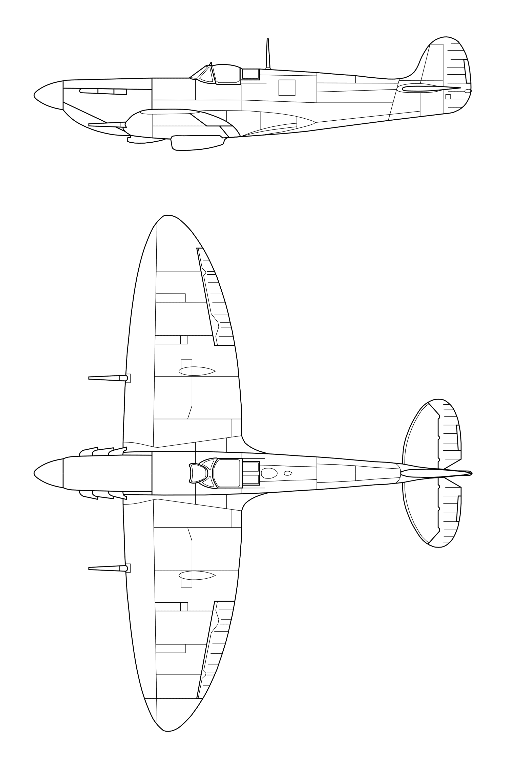 Plan d'ensemble au trait du Spitfire Mk Vb en deux vues (élévation de tribord en haut, vue en plan de dessus en bas) montrant la voilure elliptique avec ses canons et mitrailleuses, les carénages du radiateur et du refroidisseur d'huile sous les ailes, ainsi que le découpage des panneaux et des gouvernes. Aucune cote n'est portée.