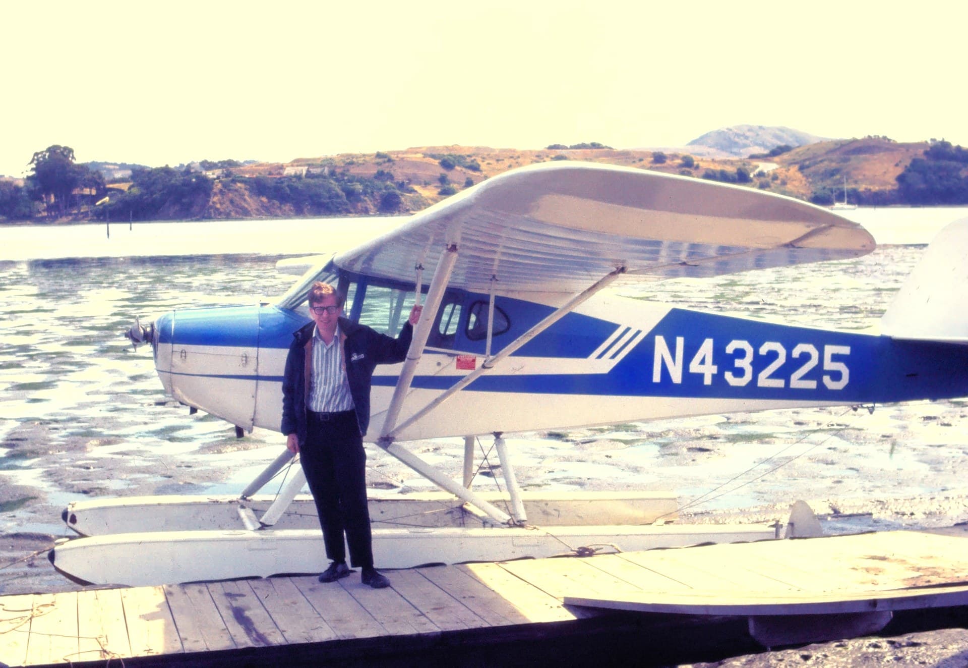 A Taylorcraft BC-12D on floats, registration N43225, moored at Sausalito