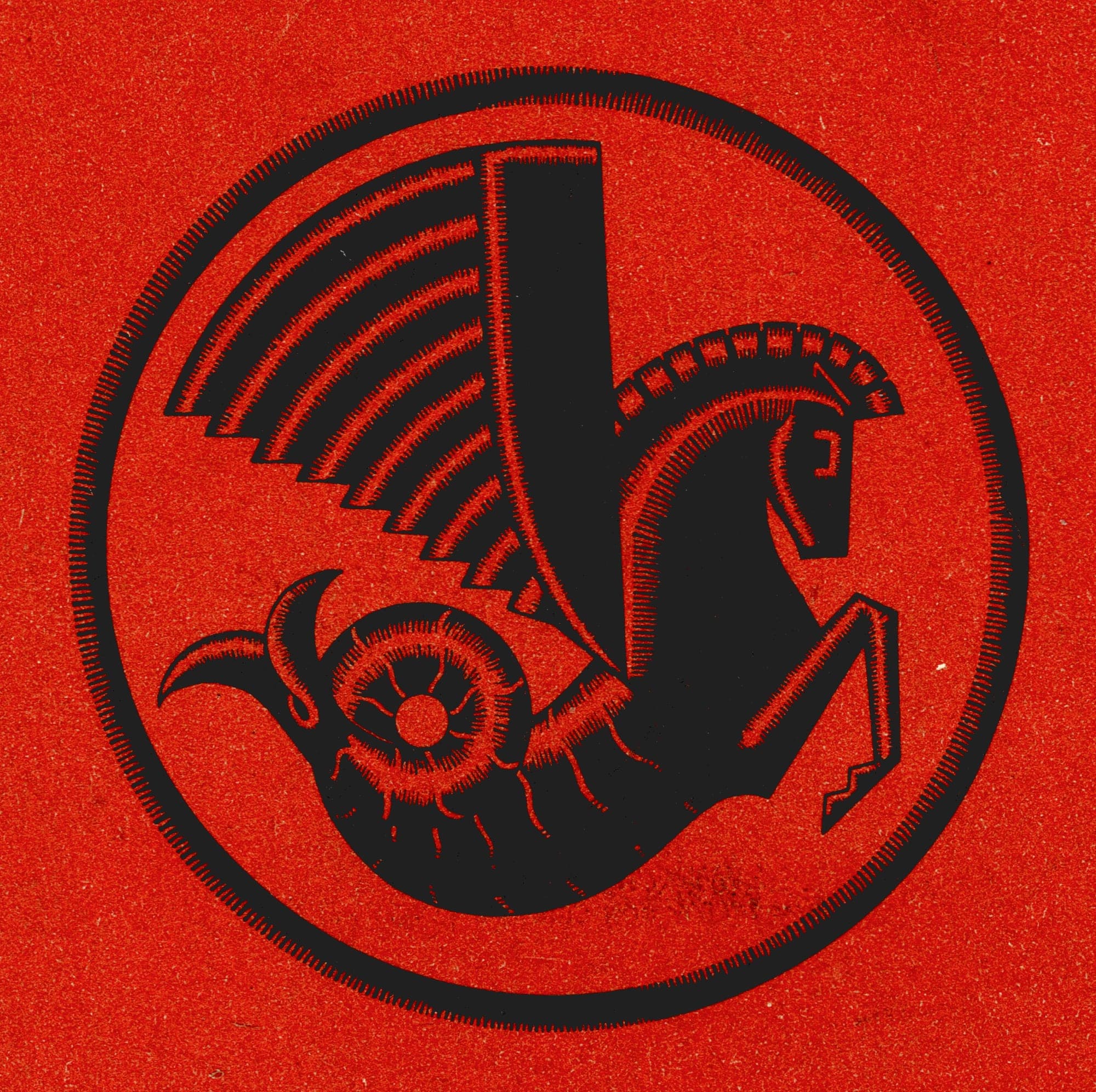 The winged seahorse emblem printed in black on red, from an Air France publication of 1939.