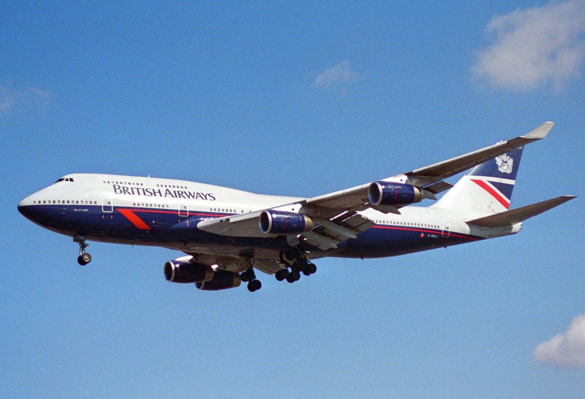 British Airways Boeing 747-436 G-BNLC, City of Cardiff, on final approach to Heathrow in April 1997, in the Landor livery.