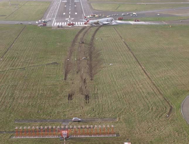 The aftermath of the British Airways Flight 38 accident at Heathrow on 17 January 2008, seen from a police helicopter: the ground tracks the aircraft cut short of the runway.