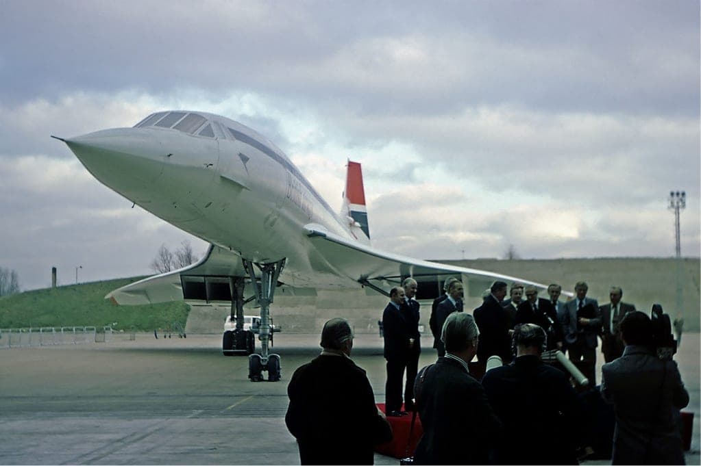 The official handover of British Airways' first Concorde at Heathrow on 15 January 1976, the day after its delivery flight from Filton.