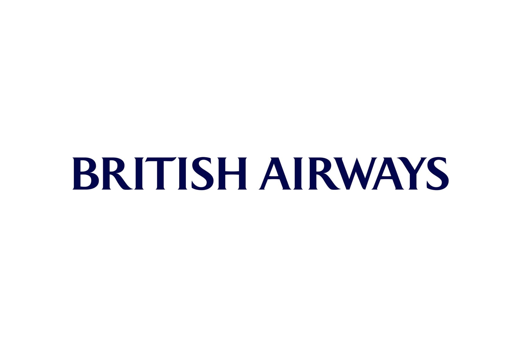 Le logotype de British Airways en capitales bleu marine sur fond blanc, lettrage introduit en 1997.