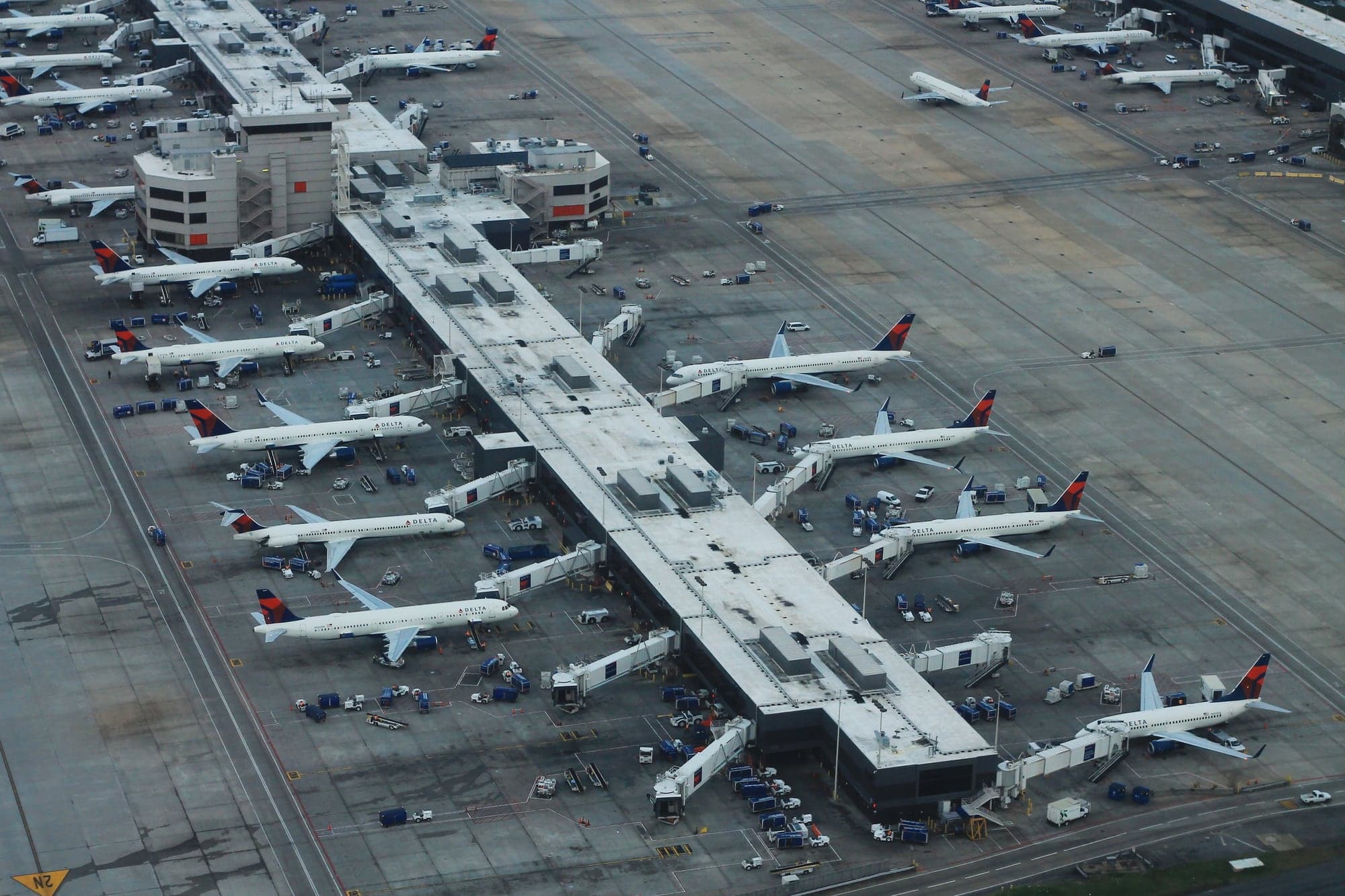 Concourse A at Hartsfield to Jackson Atlanta International Airport from the air in April 2018, Delta aircraft on every stand.