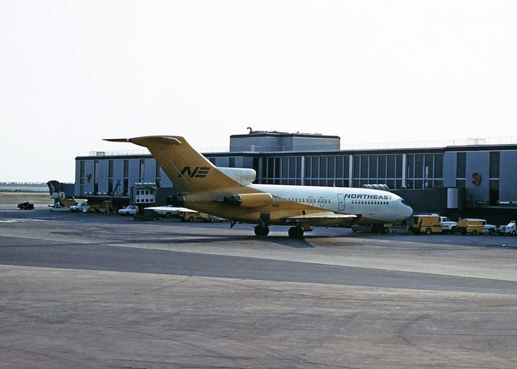 A Northeast Airlines Boeing 727-22 on 8 June 1967, in the yellow Yellowbird scheme the Boston airline wore until Delta absorbed it in 1972.