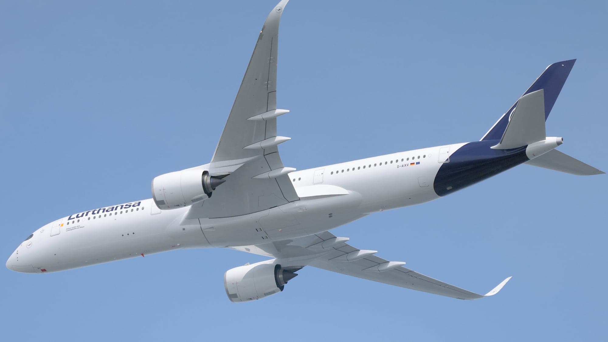 A new Lufthansa Airbus A350-900, registration D-AIXV, photographed from above on its delivery flight from Toulouse to Munich in July 2024.