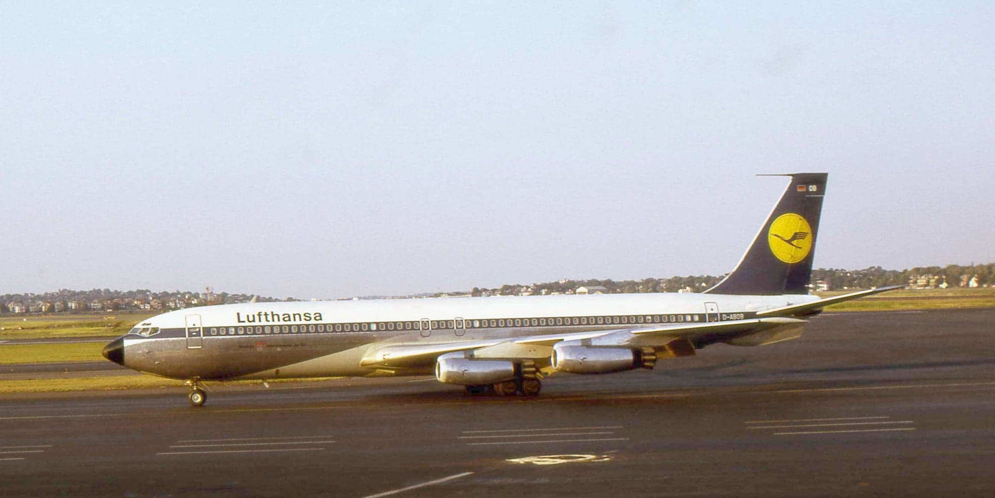 Boeing 707-430 D-ABOB Hamburg, one of Lufthansa's first jets, delivered in February 1960 and photographed in August 1973.
