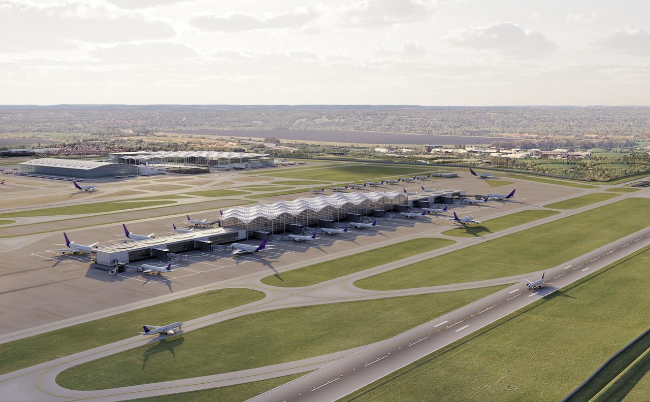 Heathrow's own visualisation of the proposed Terminal 5X satellite: a computer-generated view of a new pier under a wave roof, with the existing Terminal 5 behind