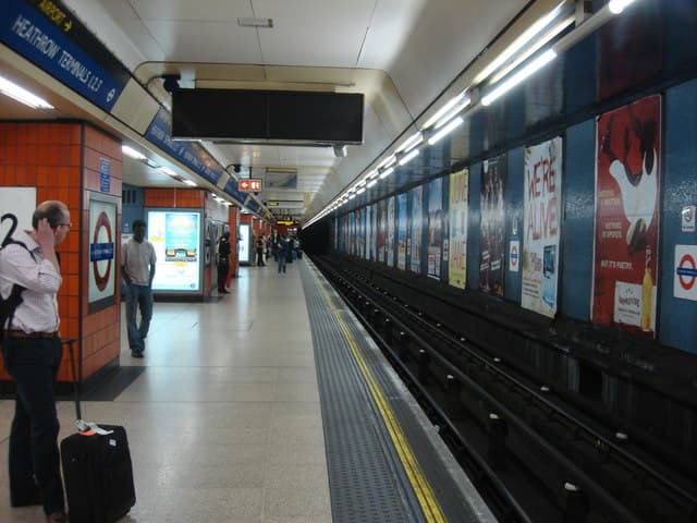 The Piccadilly line platform at Heathrow Terminals 1, 2, 3, the Underground station that opened in December 1977