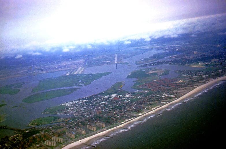 The view from a Qantas Boeing 707 on a ten-mile final into JFK from London in 1969, over the Rockaway peninsula and Jamaica Bay