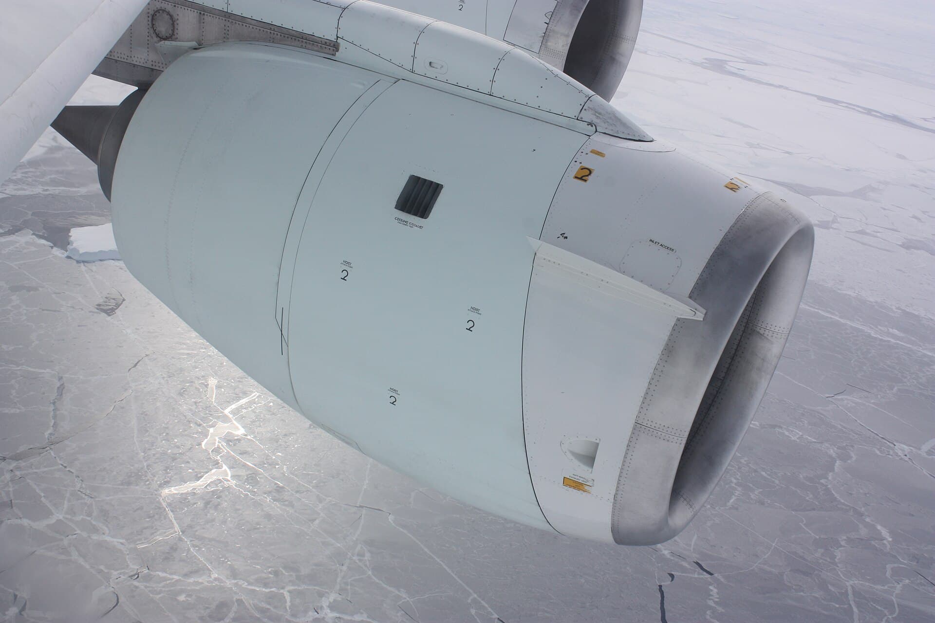 A CFM56-2 on NASA's DC-8 airborne laboratory above sea ice in the Bellingshausen Sea, October 2012