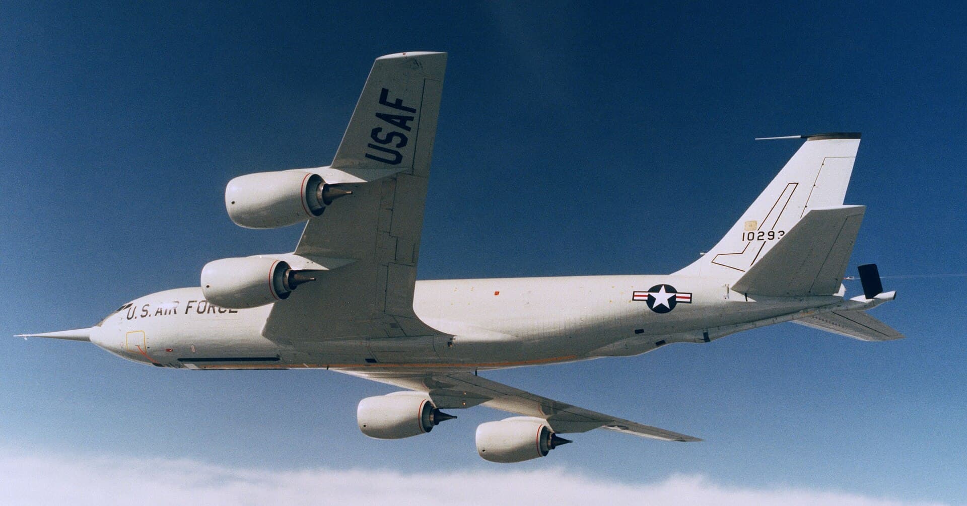 A re-engined KC-135R Stratotanker on its maiden flight with its four new CFM56 engines