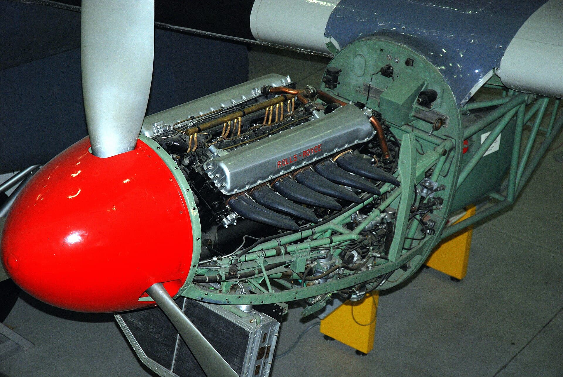 A Merlin installed in an Avro York at the Imperial War Museum Duxford, cowlings removed to show the engine on its bearer frame