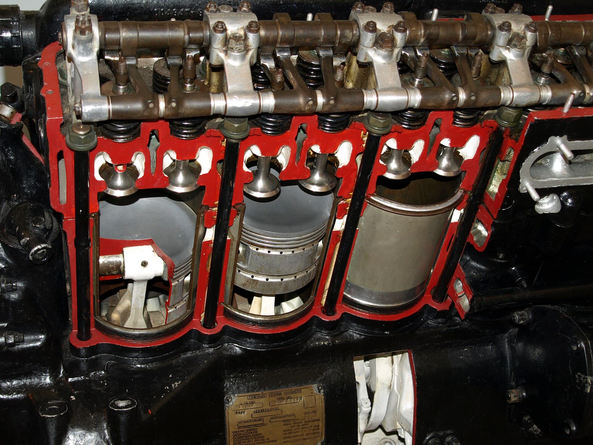Sectioned Merlin cylinders at the Royal Air Force Museum Cosford, showing pistons, four valves per cylinder and the overhead camshaft