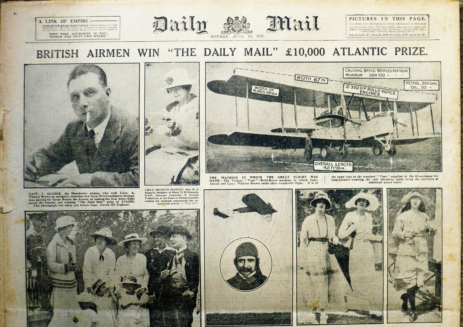 Une du Daily Mail du 16 juin 1919 annonçant la traversée