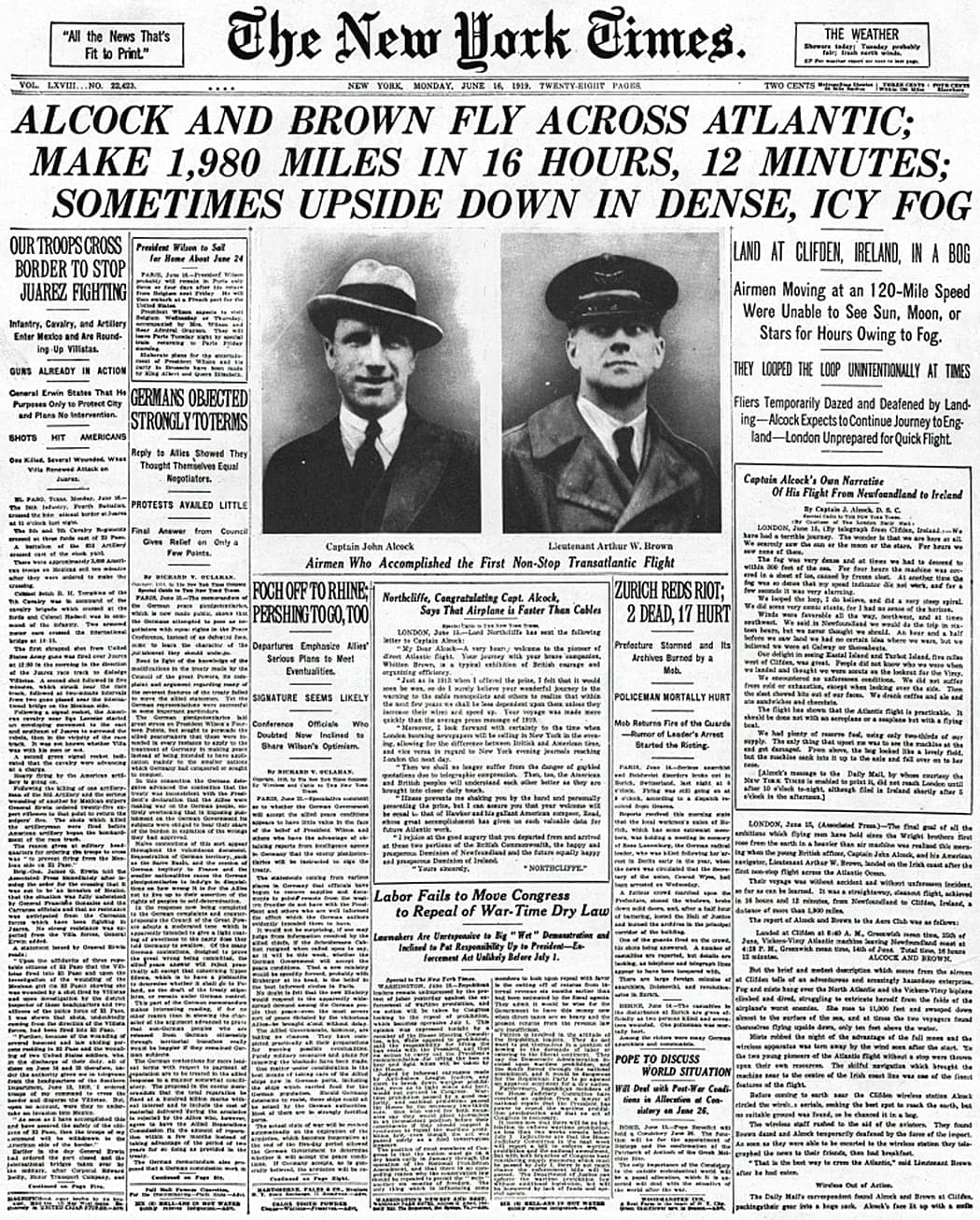 Une du New York Times du 16 juin 1919 annonçant l'arrivée d'Alcock et Brown en Irlande