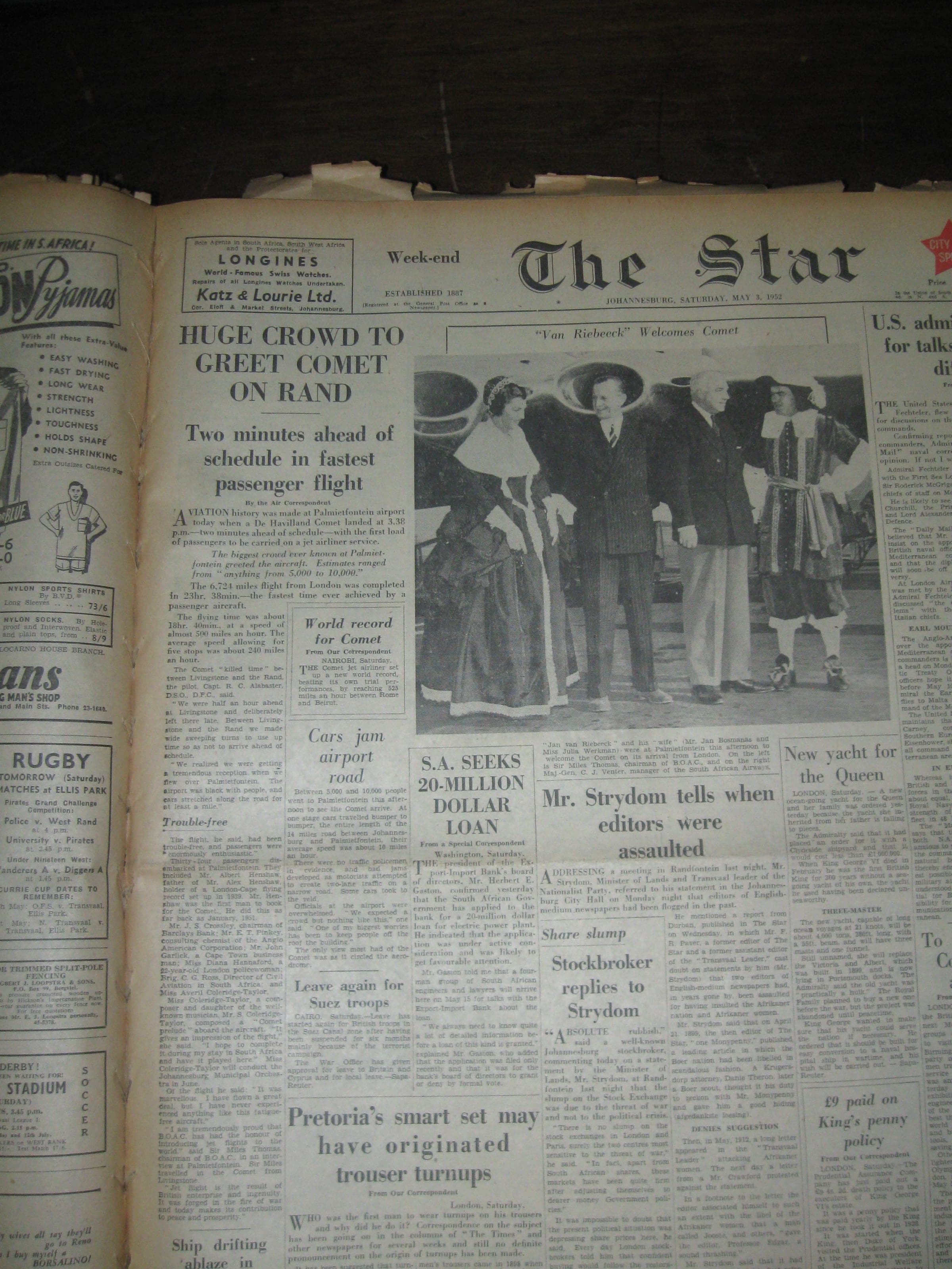 La une du Star de Johannesburg du 3 mai 1952, rendant compte de l'arrivée du Comet à Palmietfontein
