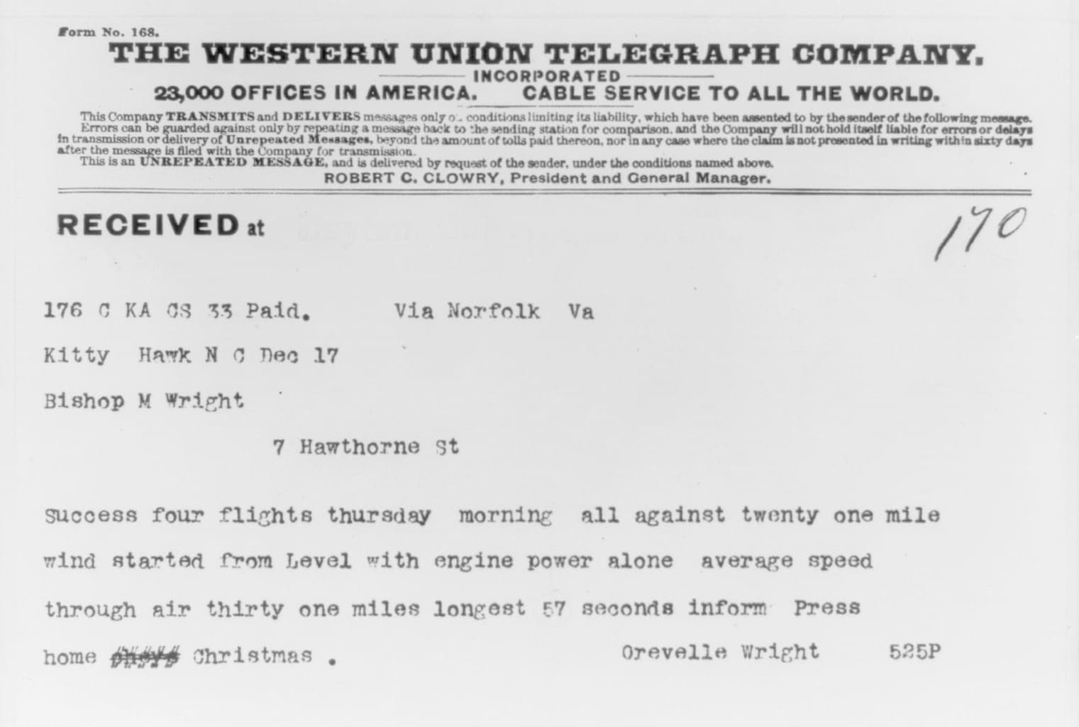 Le télégramme expédié de Kitty Hawk l'après-midi du 17 décembre 1903, annonçant quatre vols réussis et demandant que la presse soit informée.