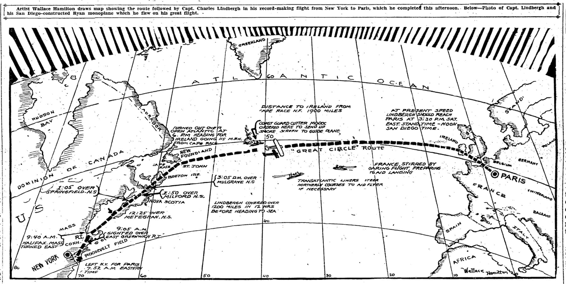 La une du San Diego Evening Tribune du 21 mai 1927, avec une carte de la route orthodromique de Lindbergh à travers l'Atlantique.