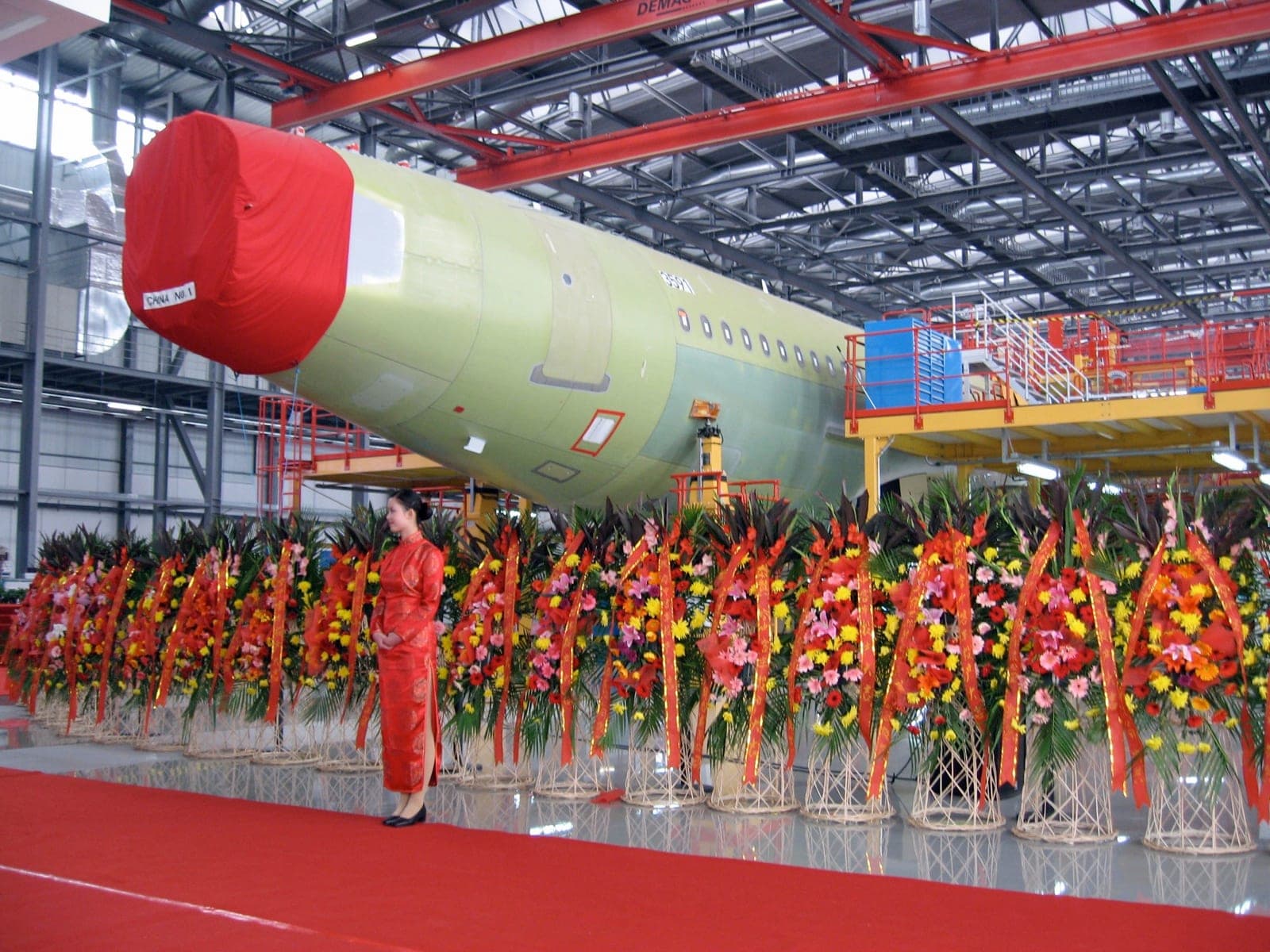 La chaîne d'assemblage final d'Airbus à Tianjin lors de son année d'ouverture, 2008, la première hors d'Europe