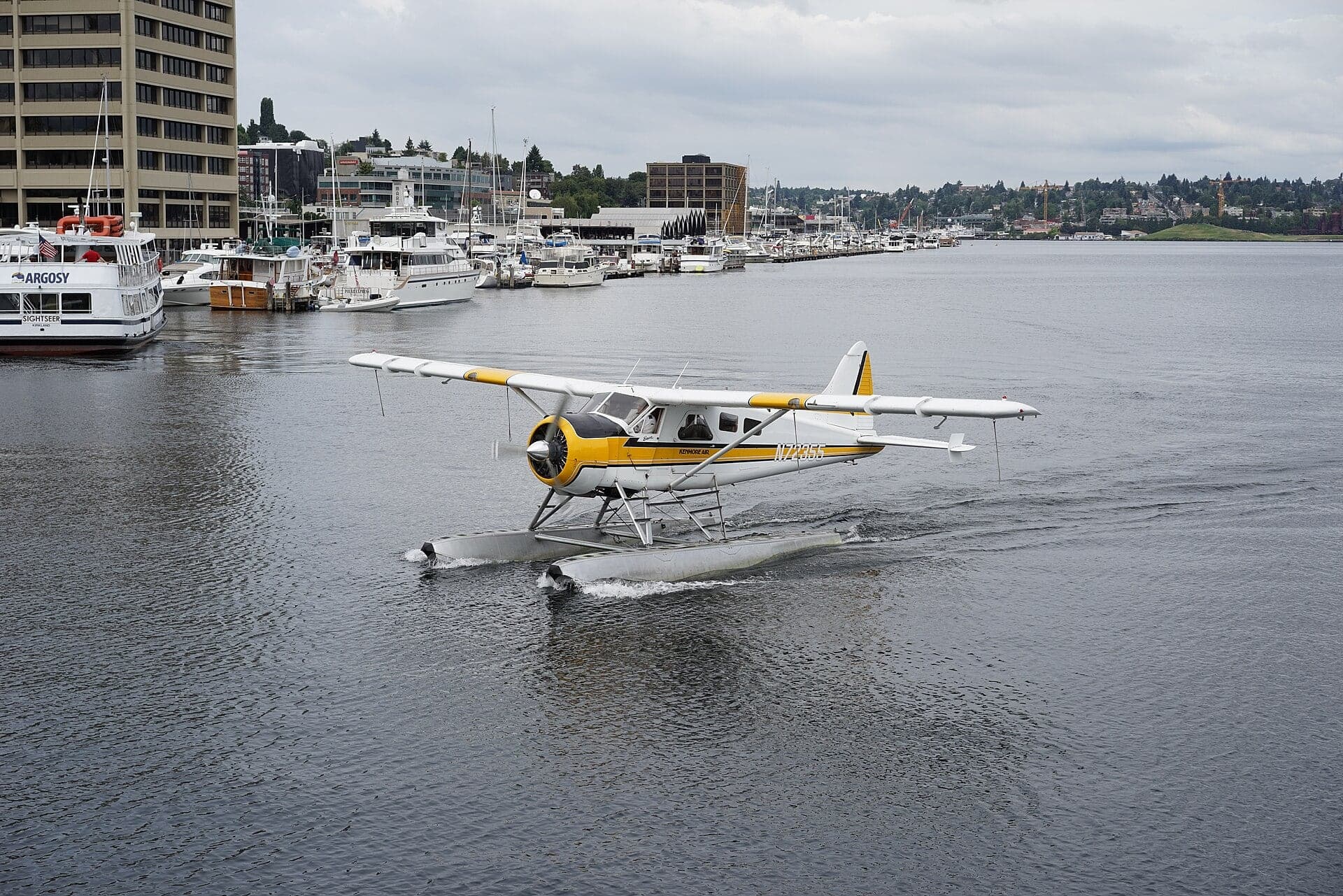 A DHC-2 Beaver floatplane moored at Kenmore Air Harbor on Lake Washington