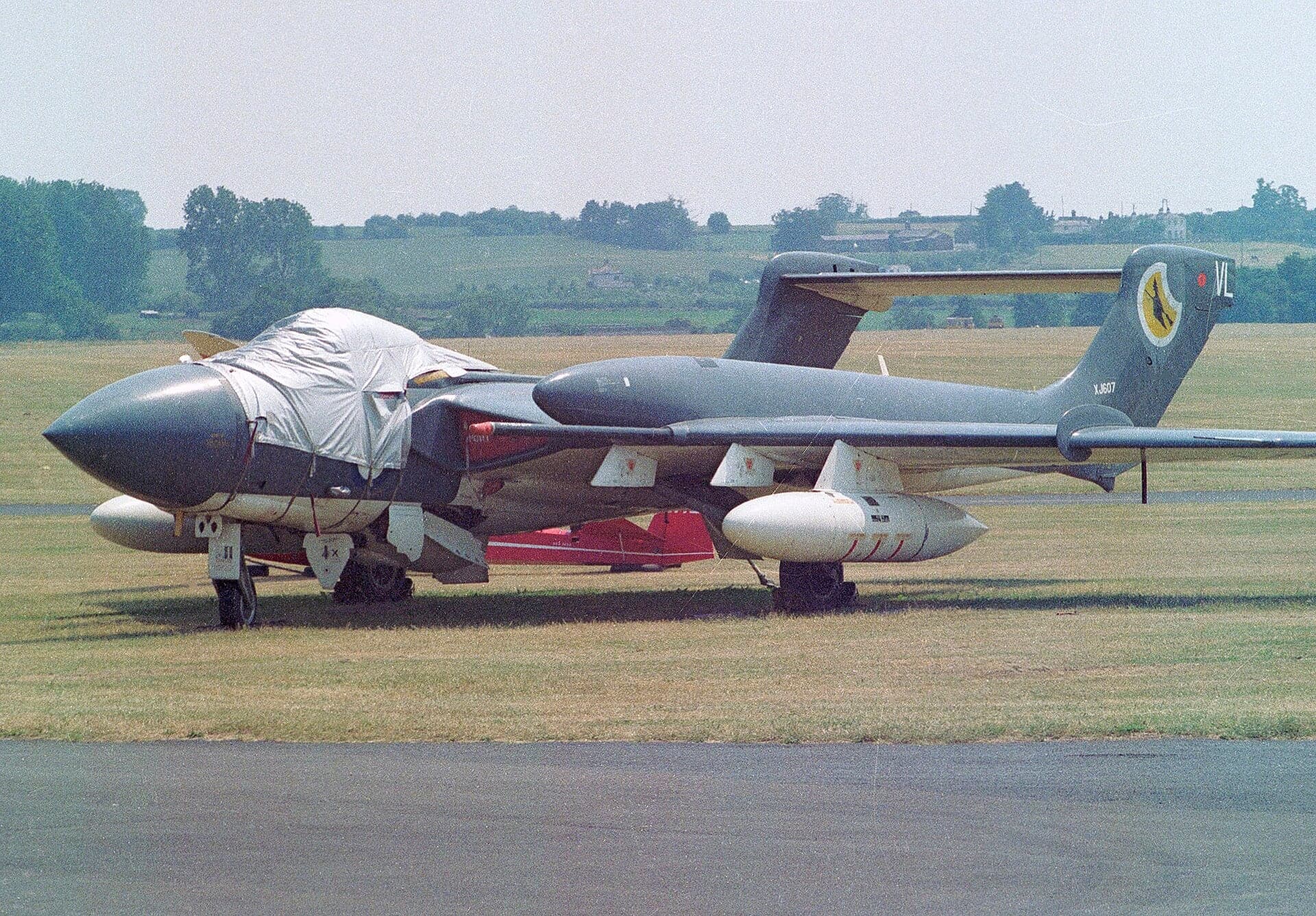 A grey-and-white Royal Navy Sea Vixen FAW2 twin-boom fighter at RAF Cosford in 1984