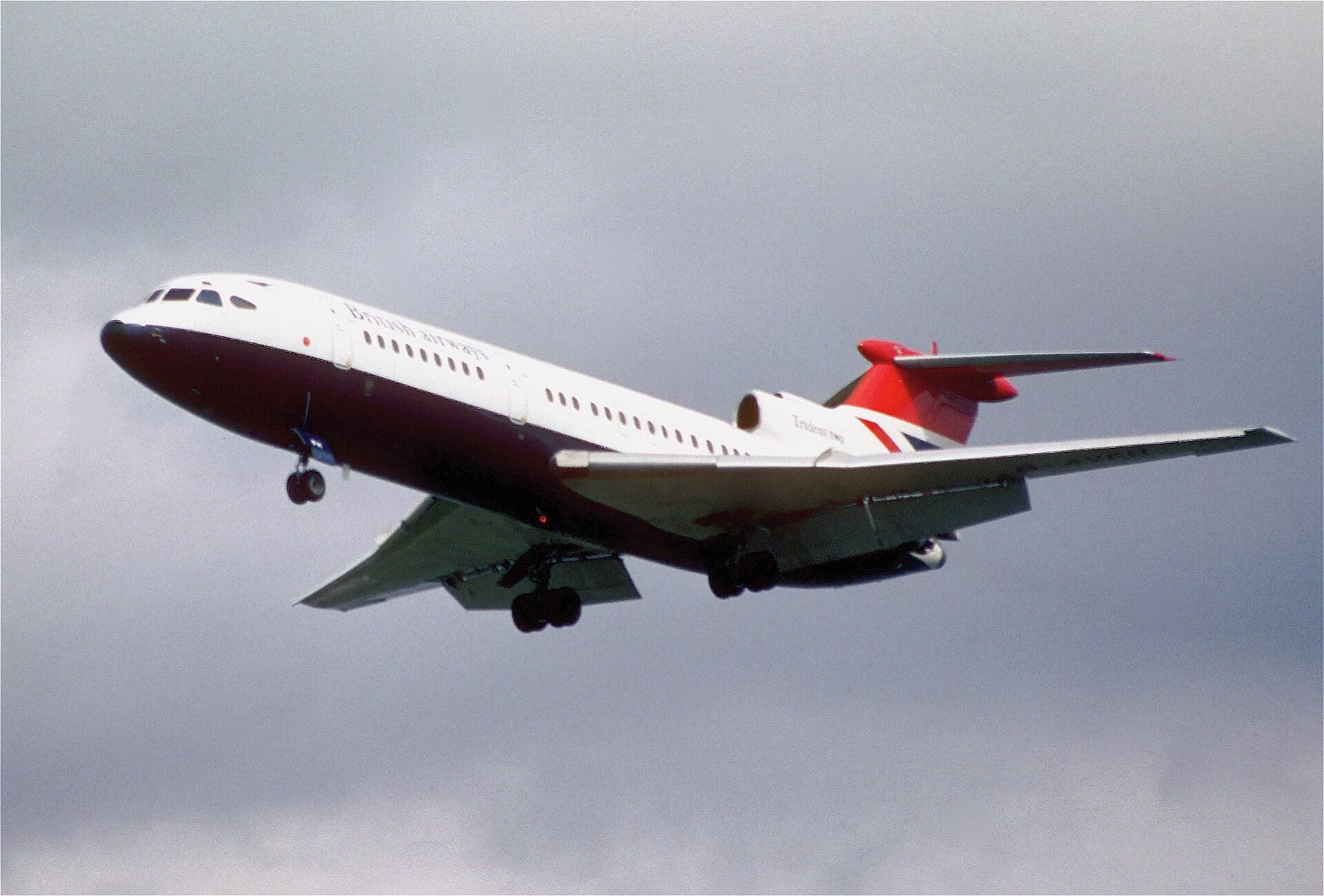 A British Airways Trident three-engined jet airliner approaching London Heathrow in 1979
