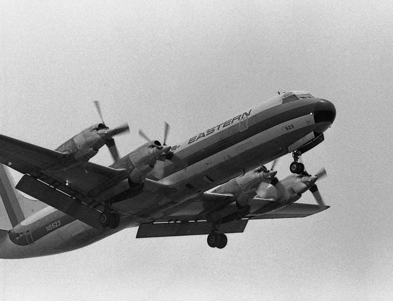 An Eastern Air Lines Lockheed L-188 Electra turboprop landing at Washington National Airport in 1978