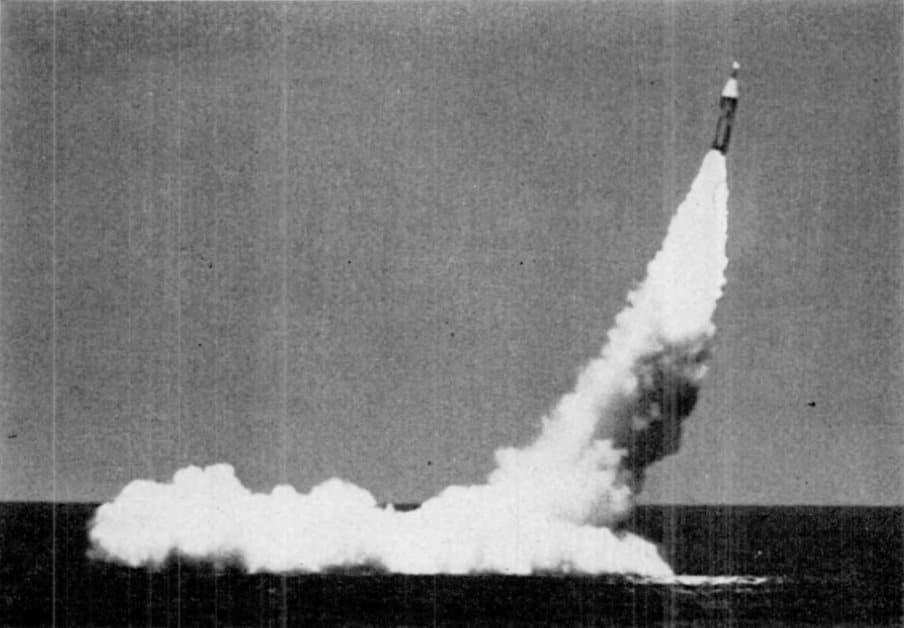 A Polaris missile breaking the surface of the Atlantic after its first submerged launch in July 1960