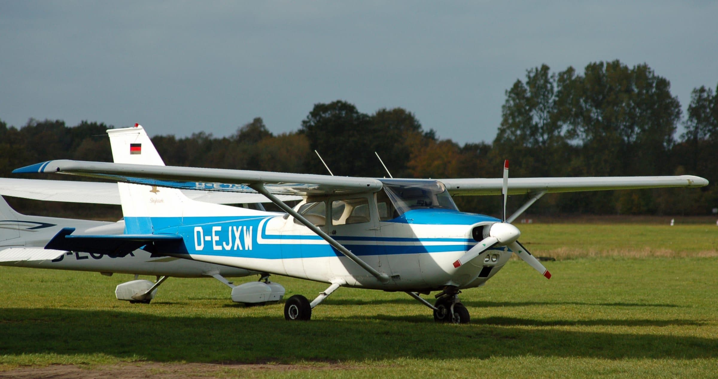 A blue-and-white Cessna 172 Skyhawk parked on grass