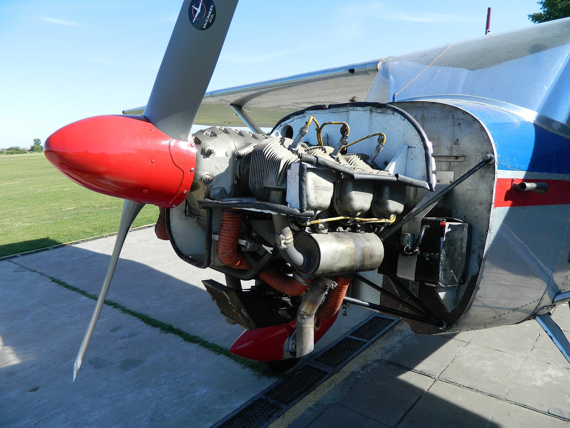 A Continental O-300 six-cylinder engine with the cowling open, the 172's original powerplant