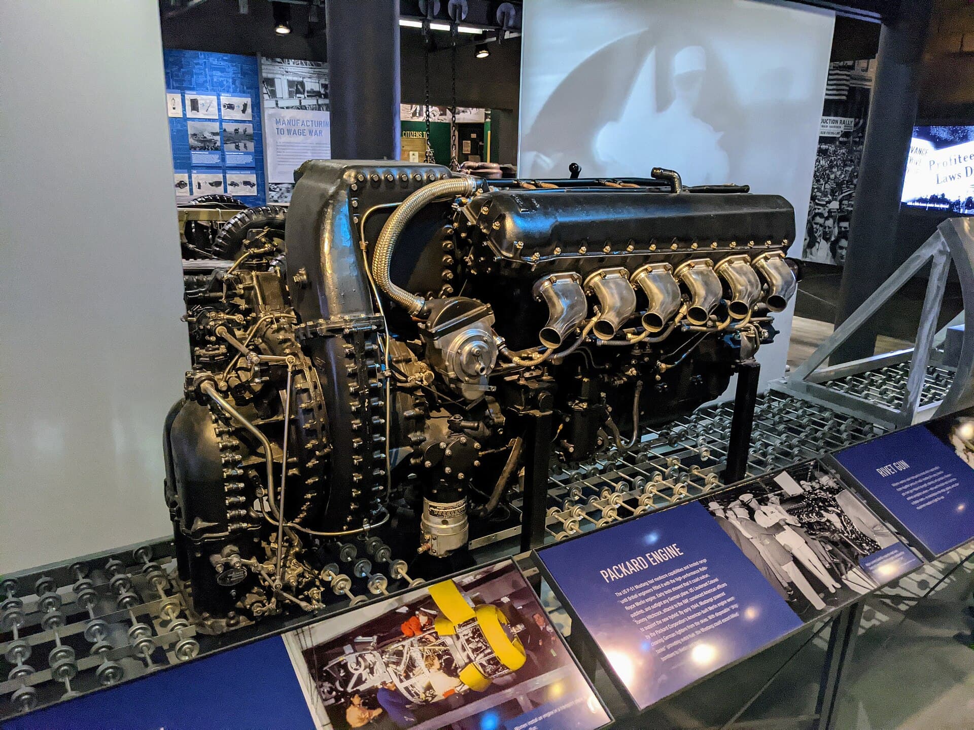 A preserved Packard V-1650 Merlin engine, the American-built version of the Rolls-Royce Merlin that powered the P-51B onward