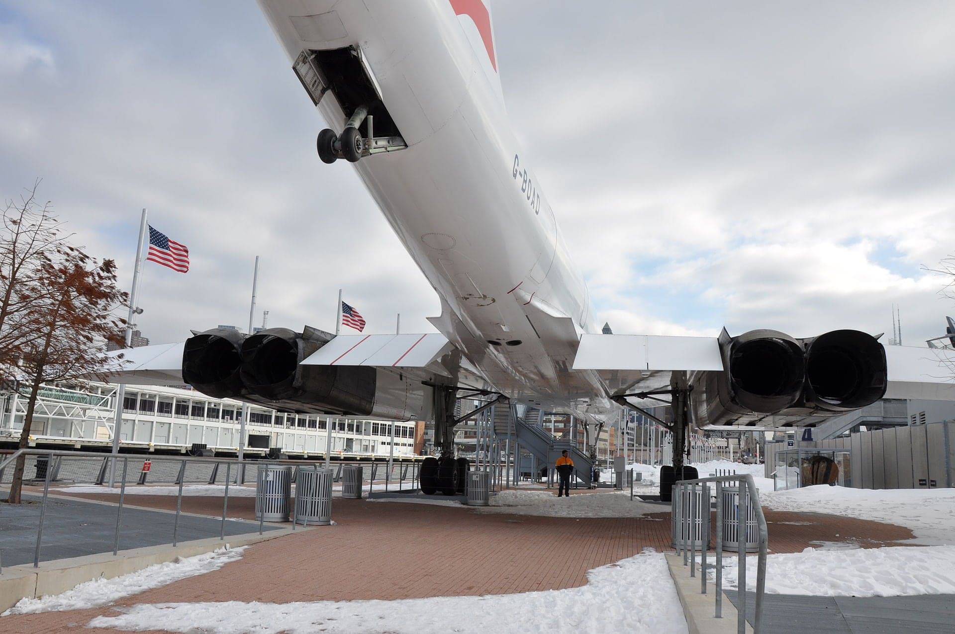 The four Olympus exhaust nozzles and the tail bumper wheel of Concorde G-BOAD, seen from behind at the Intrepid Museum