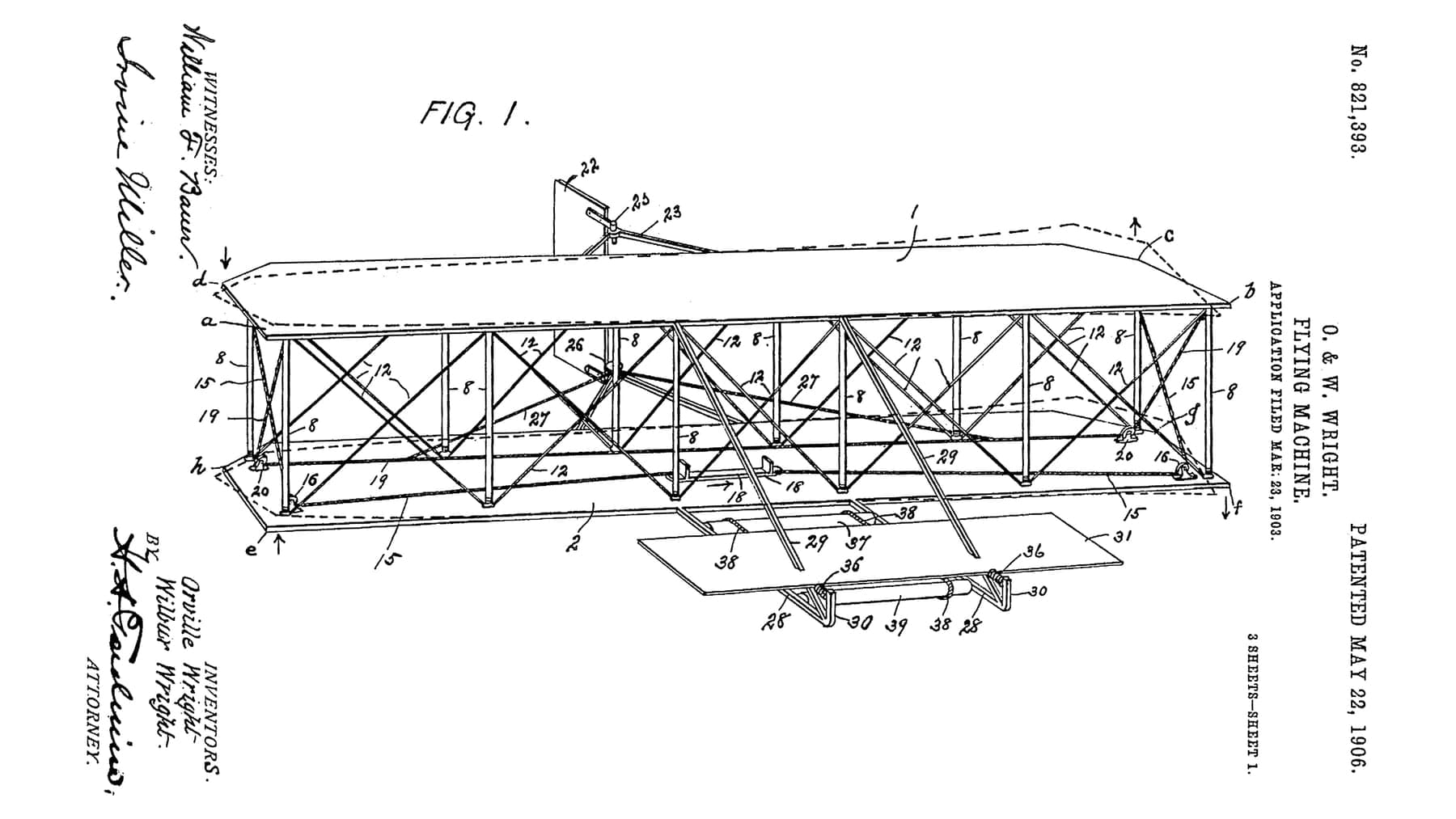 Figure 1 du brevet américain 821 393 : la machine dessinée comme un système de contrôle, les ailes gauchies en sens contraires.